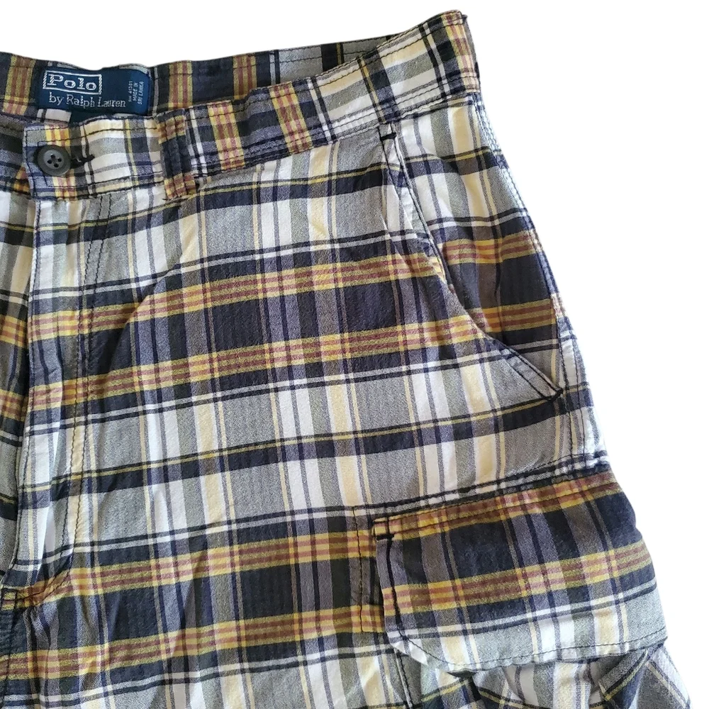 POLO RALPH LAUREN Y2K Vintage‎ Preppy Mandras Plaid Cargo Shorts Men's Size 35